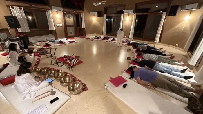 A group sound bath in progress