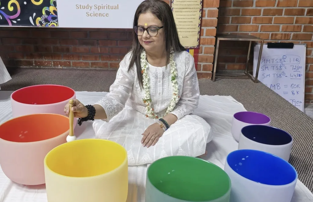 Pooja with colourful crystal singing bowls